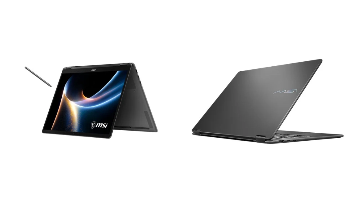 MSIの2-in-1ノートパソコンが2つのアングルで写っている