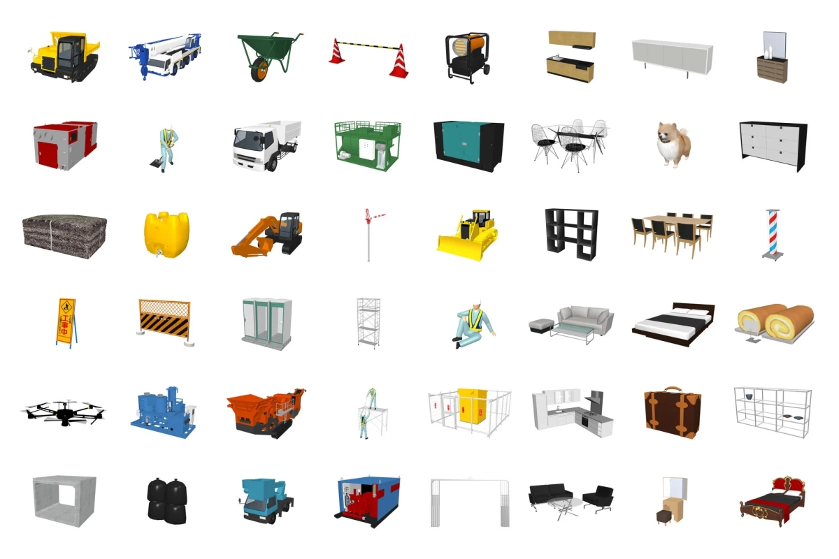 建設機械や家具、建設資材など多岐にわたる3Dモデル