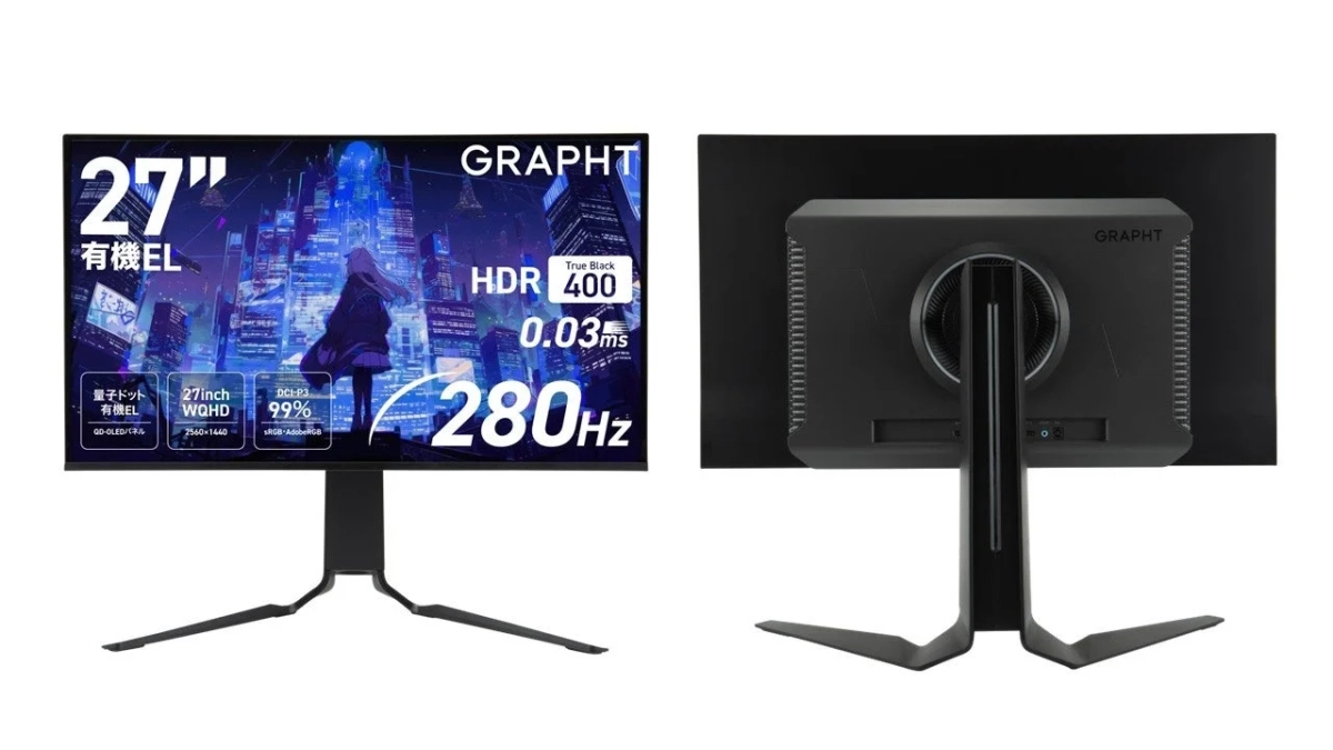 GRAPHT製の高性能ゲーミングモニターの製品画像です。27インチ有機ELパネル、WQHD解像度、280Hzのリフレッシュレート、0.03msの高速応答、HDR True Black 400対応といった特徴が前面に表示されています。モニターの前面と背面が写っています。