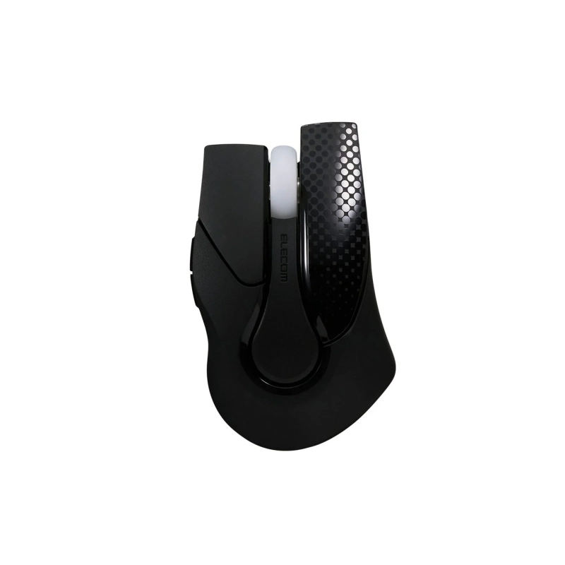 白い背景に置かれた黒いパソコン用マウスの画像です。