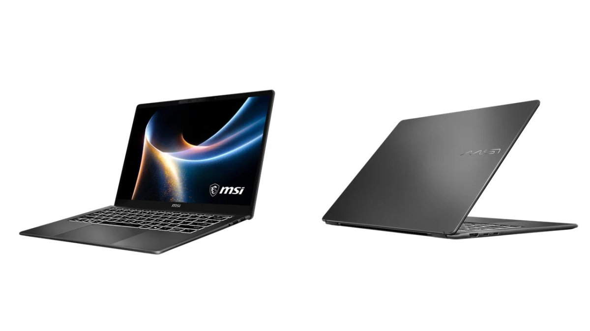 白背景に置かれたMSI製の黒いノートパソコンが、開いた状態と背面から見た状態の2つのアングルで写っている