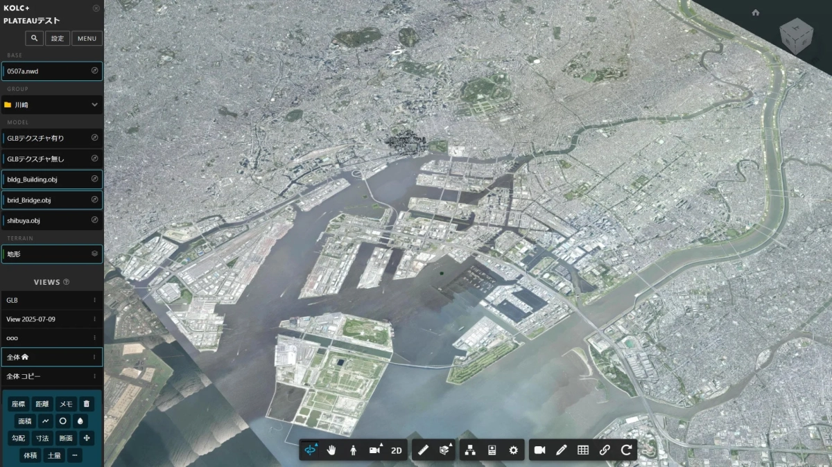 PLATEAUプロジェクトのテスト画面で東京湾周辺の都市景観