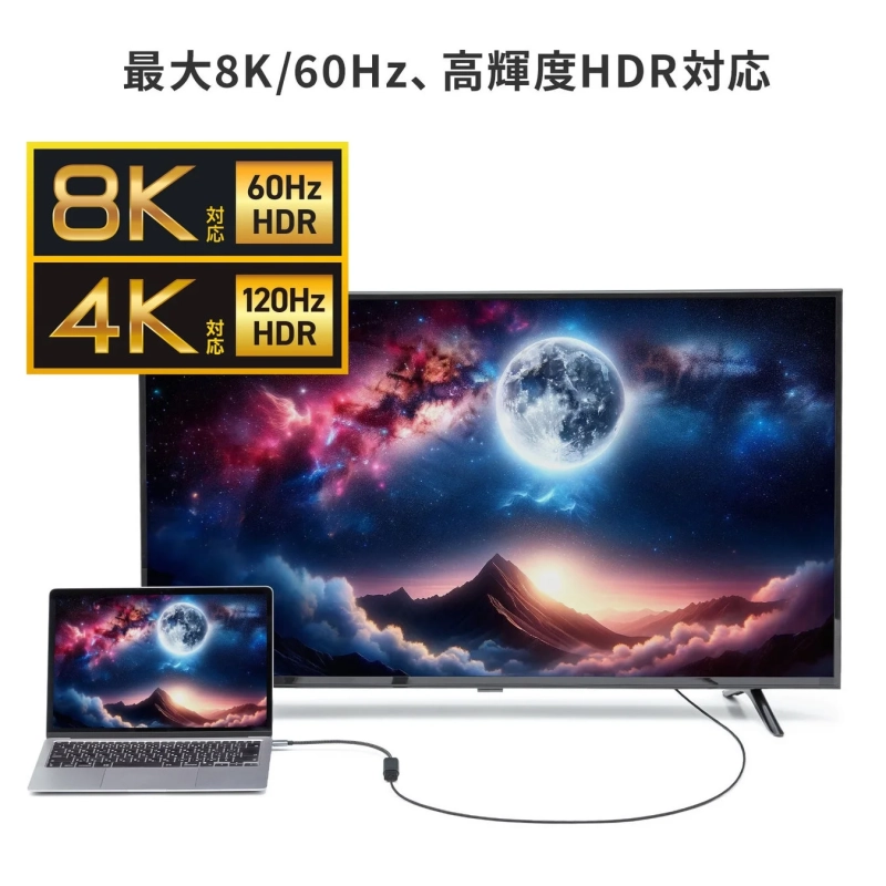 ノートパソコンから大型テレビに8K/4K HDR映像を出力するイメージ