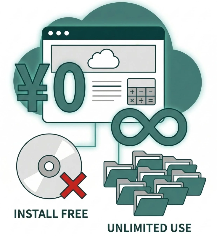 無料・インストール不要を示すイラスト
