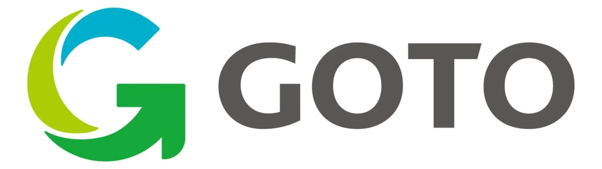 白背景に「GOTO」という文字と、緑と青で構成された流線形の「G」のロゴ