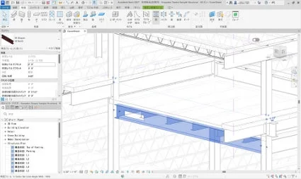 Revit画面。鉄骨構造の3Dモデルが表示