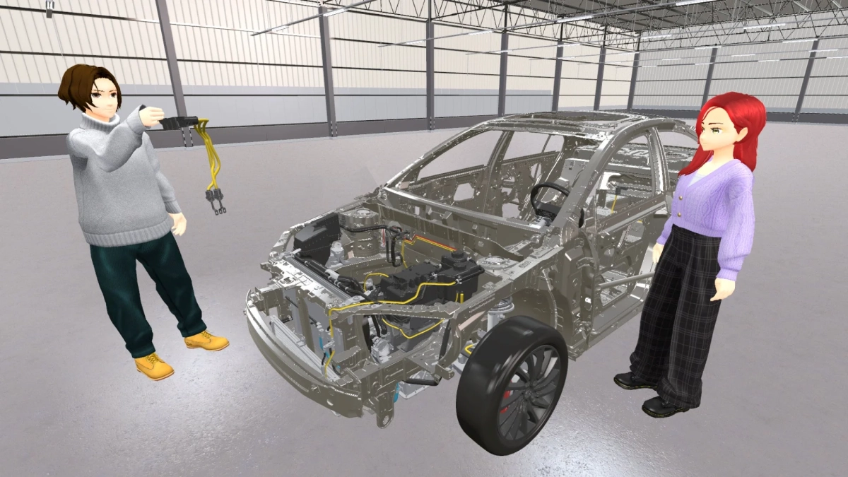 仮想空間で自動車のフレームを囲む2人のキャラクター