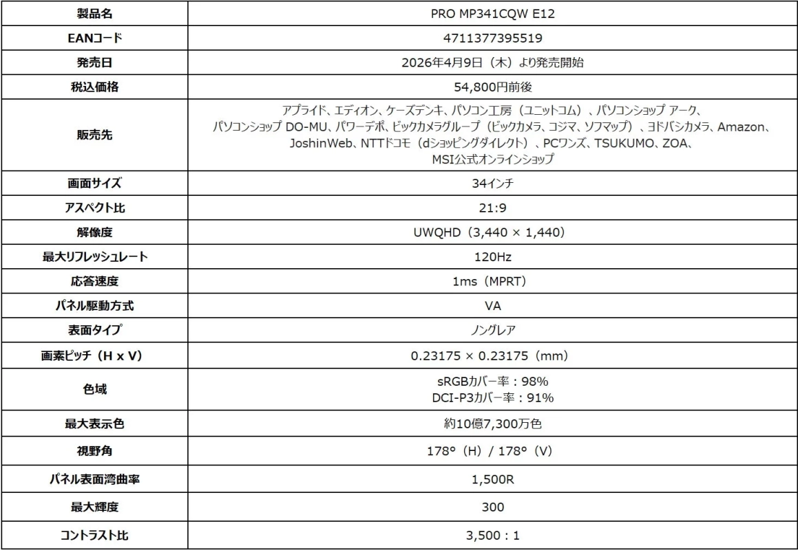 MSI PRO MP341CQW E12 製品仕様