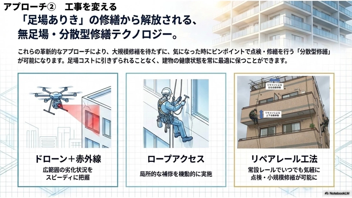 足場不要でコストを抑え、建物の健康状態を最適に保つ革新的な「分散型修繕テクノロジー」