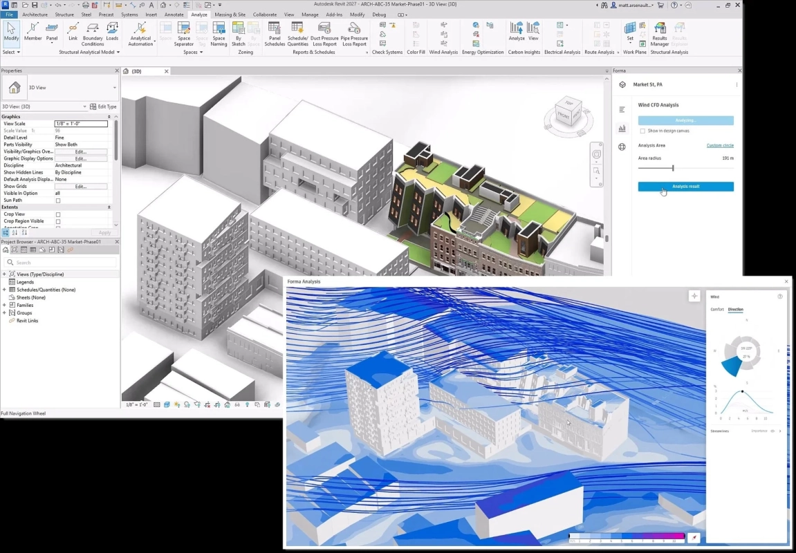 Autodesk RevitとForma Analysisソフトウェアを使用し、建築プロジェクトの風CFD解析を行っている画面