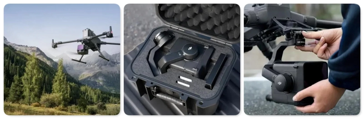 山岳地帯を飛行するDJIドローン、専用ケースに収納されたカメラシステム、そしてドローンへのカメラ取り付け作業