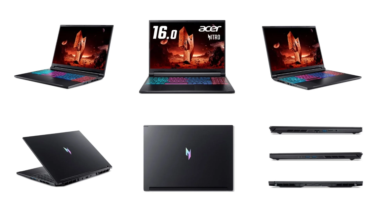 Acer NitroシリーズのゲーミングノートPCを様々な角度から撮影した画像。16.0インチのディスプレイとカラフルなRGBバックライトキーボードが特徴で、側面や背面からの詳細なビューも含まれています。