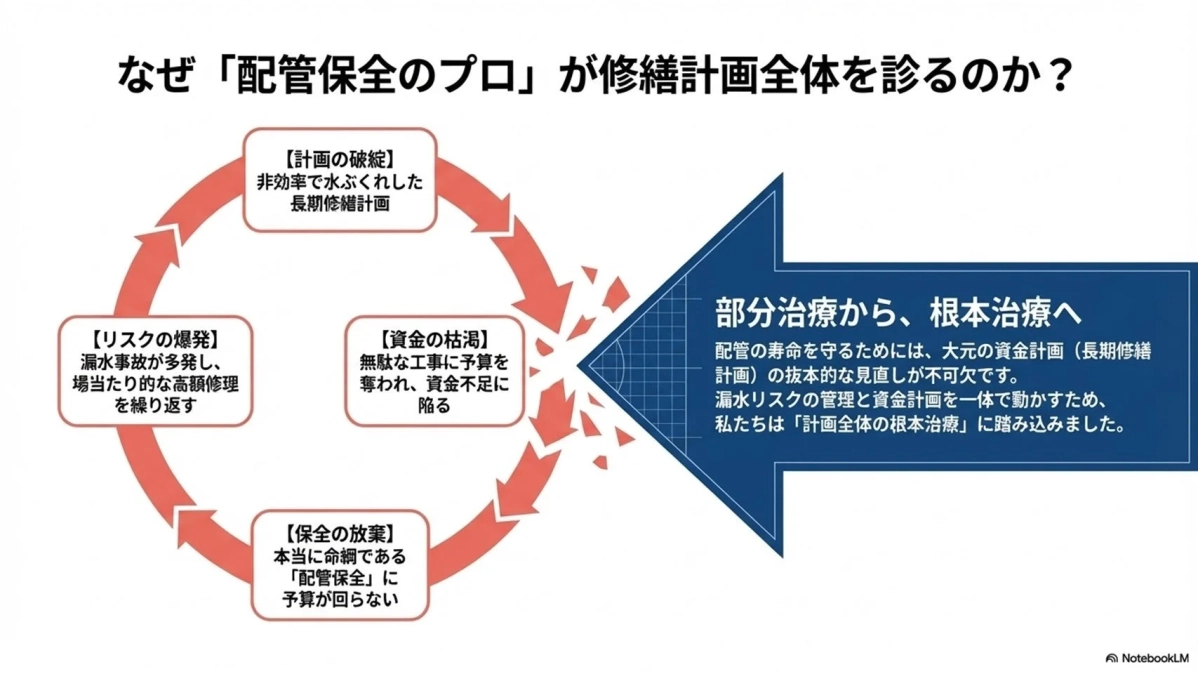非効率な長期修繕計画が資金枯渇、配管保全の放棄、漏水リスクの爆発という悪循環を生むこと