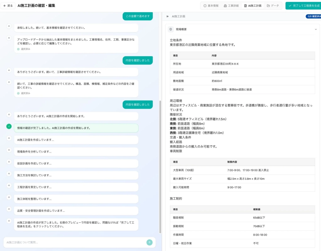 AIによる施工計画の作成・編集画面が表示されており、左側ではチャット形式で情報確認と計画生成のプロセスが進められ、右側では現場の概要、立地条件、周辺環境、交通・搬入条件、施工制約などの詳細情報が確認できます。