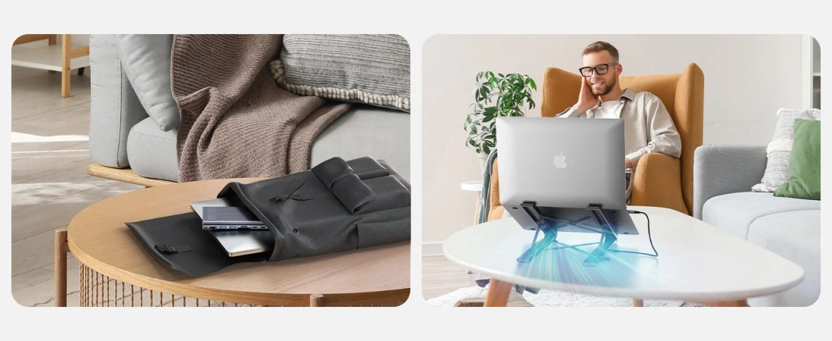 ソファでPCスタンドを使用する男性