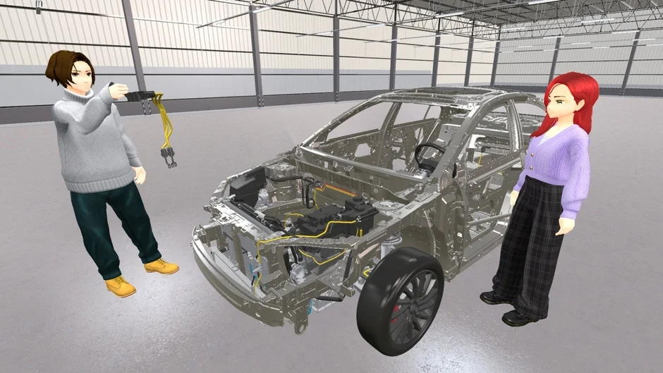 工場のような空間で、骨組み状態の自動車とエンジンを囲む2人のアニメ風キャラクター