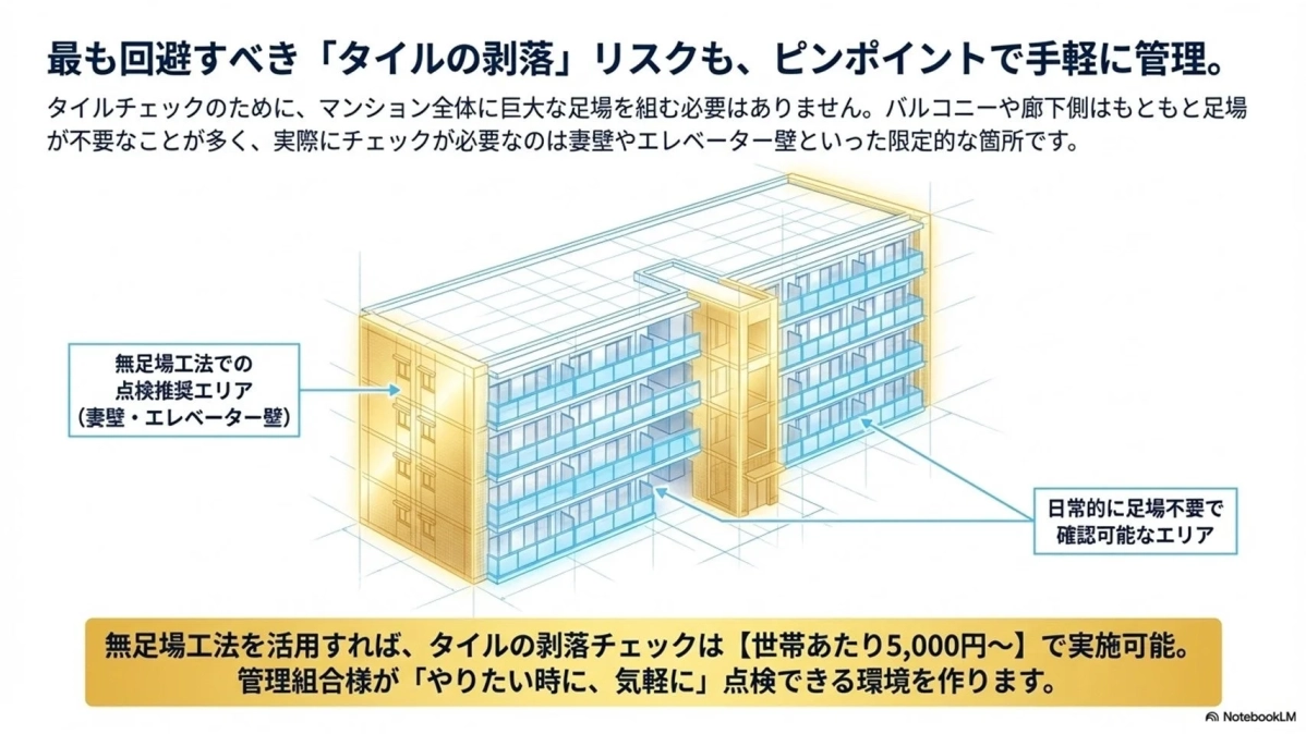 マンションのタイル剥落リスクを、無足場工法でピンポイントかつ手軽に管理する方法
