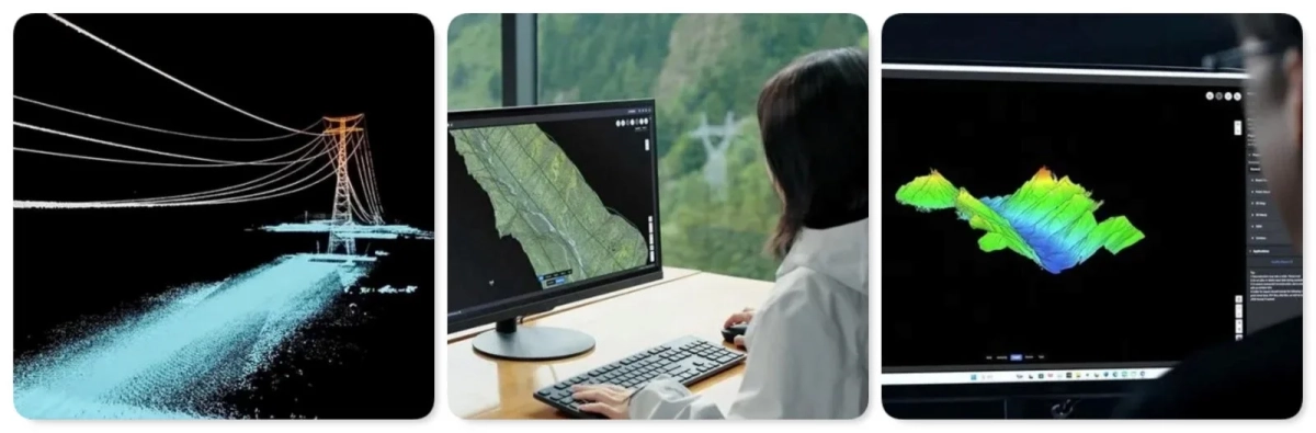 送電線や地形の3D点群データ、地理空間情報をコンピュータで解析している様子