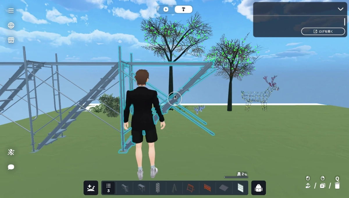 アバターが足場や木、鹿のワイヤーフレームが配置された3D仮想空間に立っている様子