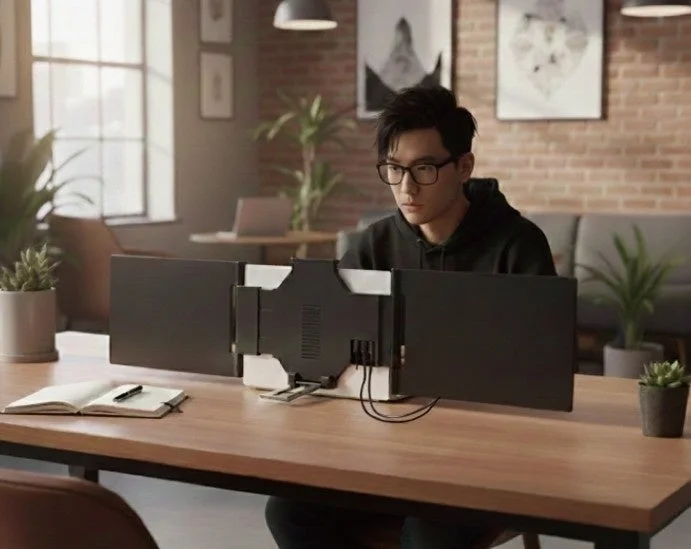 眼鏡をかけたアジア系の男性が、ノートパソコンに接続されたポータブルトリプルモニターを使って集中して作業しています。