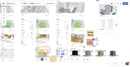 建築設計ソフトウェアのインターフェース。複数の3D建物モデル、地図上の敷地分析、建物に関する詳細なデータ