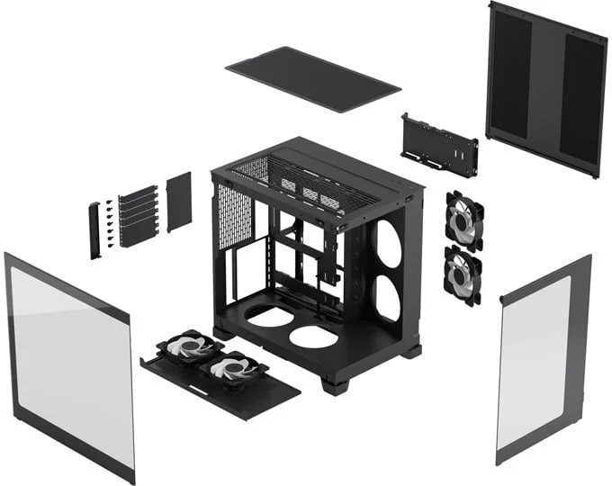 分解された状態のPCケースとその主要なパーツ