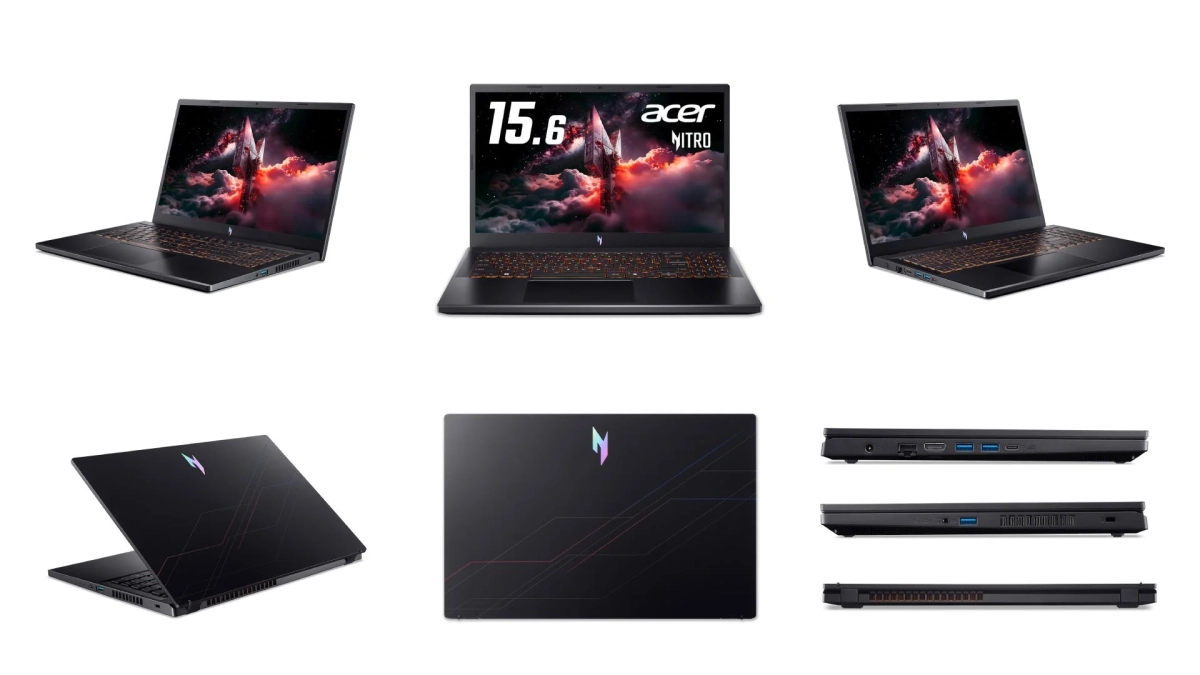Acer Nitroシリーズのゲーミングノートパソコンを複数のアングルから捉えた画像。15.6インチのディスプレイ、オレンジ色のバックライトキーボード、側面ポートなどが確認できる。