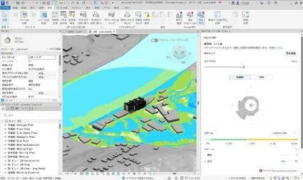 建築設計ソフトウェアの画面で、3Dモデルの建物と周辺環境が表示されています。日照解析や環境シミュレーションの結果