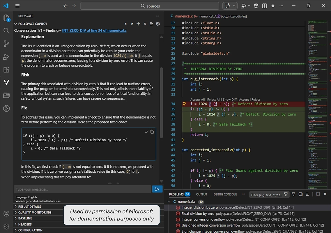 Polyspace CopilotがC言語のゼロ除算バグを検出し、その説明、リスク、修正案を提示している画面