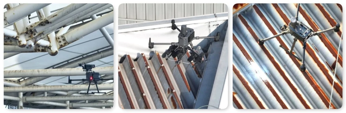 産業施設の配管や屋根をドローンが検査している様子