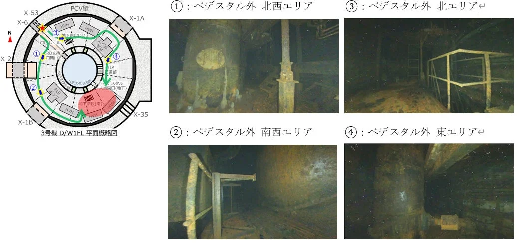 原子力発電所3号機の格納容器1階平面図と、ペデスタル外周の水中撮影写真4枚を並べた画像。水中写真は暗く、配管や構造物の腐食が見られる。