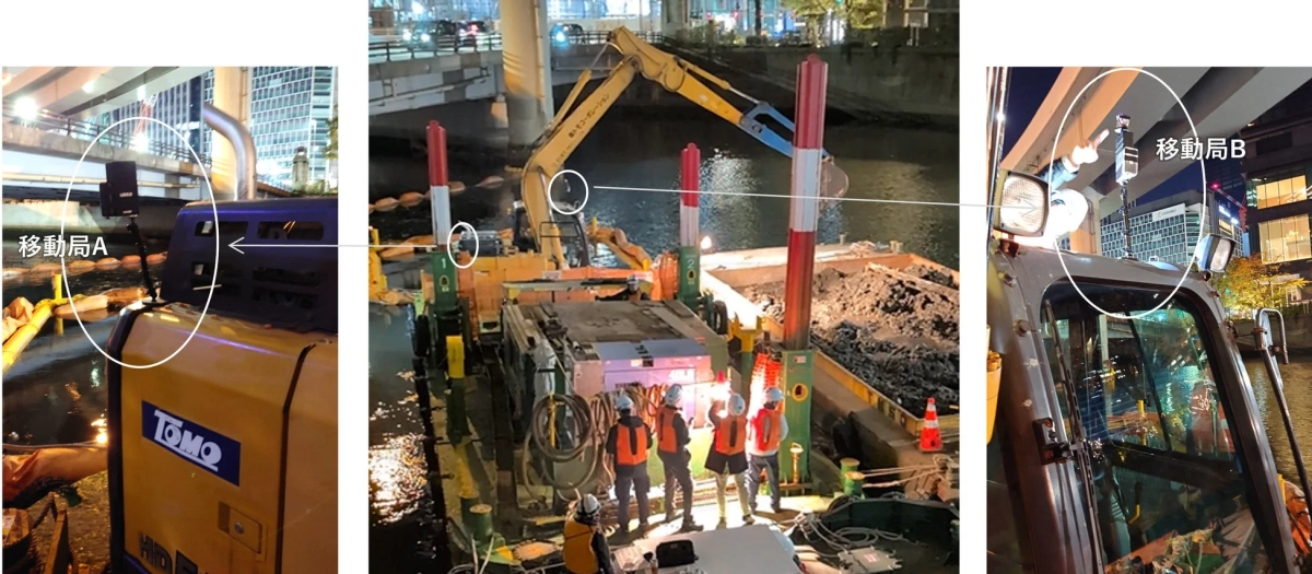 夜間の河川工事現場で重機が掘削作業を行う