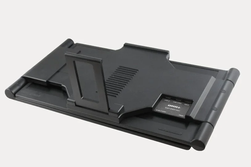 黒色の折りたたみ式スタンドで、USB-CやHDMIポートを備えたドッキングステーション機能付き。