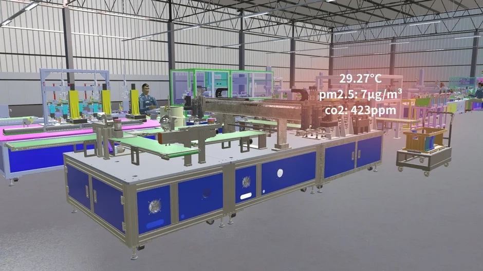 自動化された工場内の3Dレンダリング画像で、様々な機械やコンベアが並び、環境データ（温度、PM2.5、CO2濃度）が表示