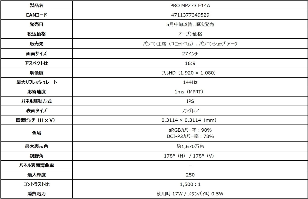 PRO MP273 E14A スペック表1