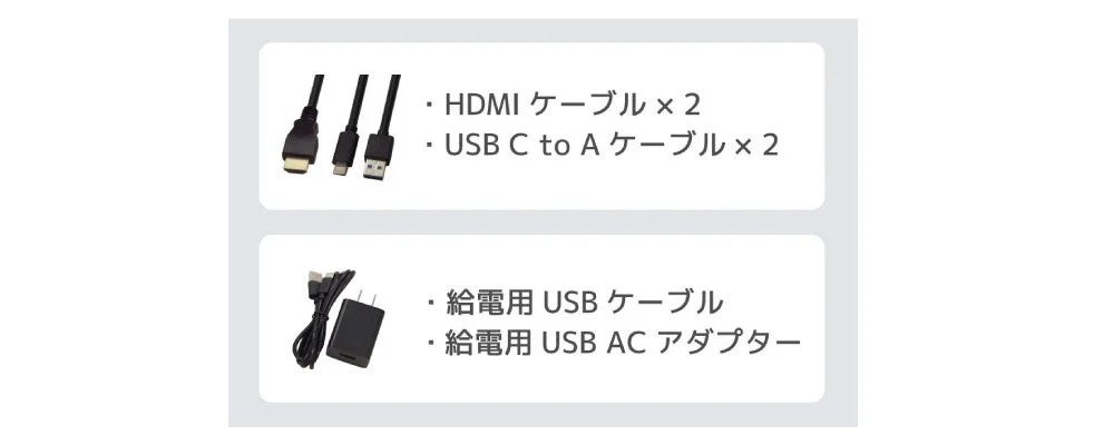 HDMIケーブル2本、USB C to Aケーブル2本、給電用USBケーブル、給電用USB ACアダプター