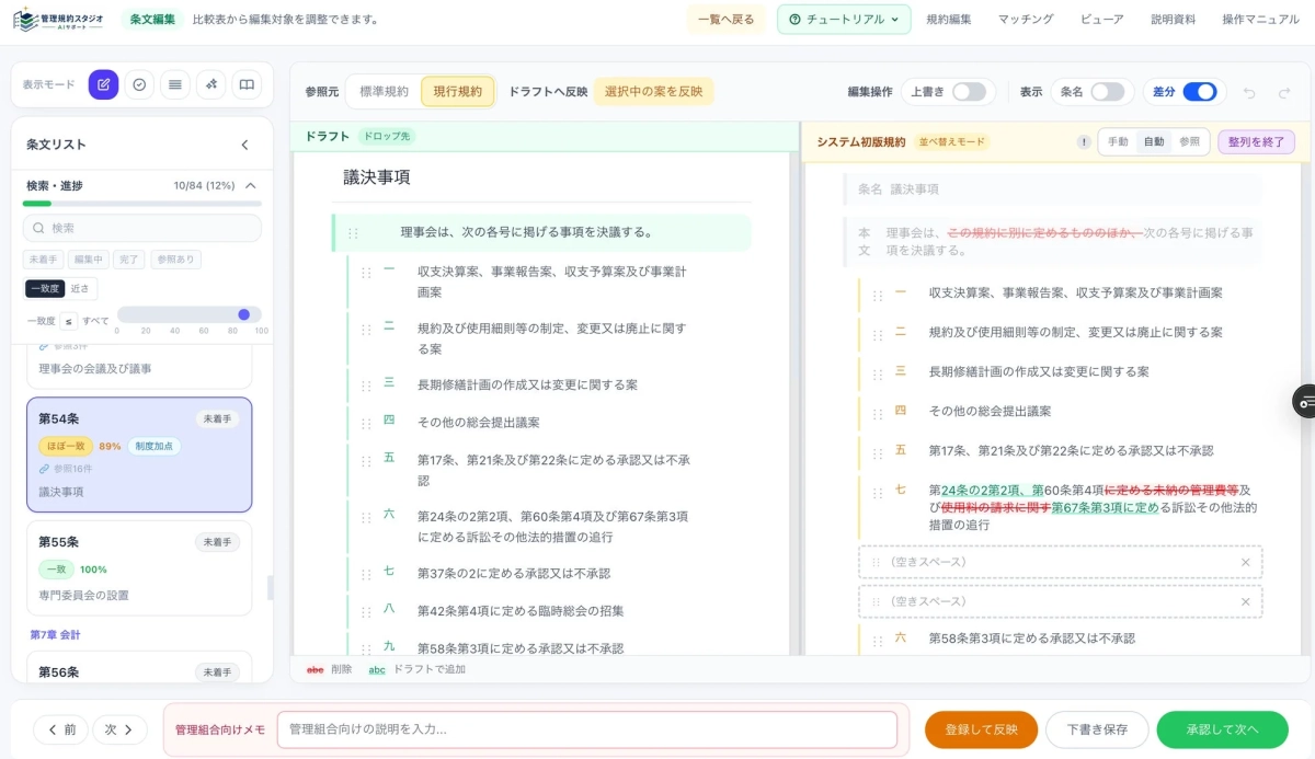 条文編集画面、比較表