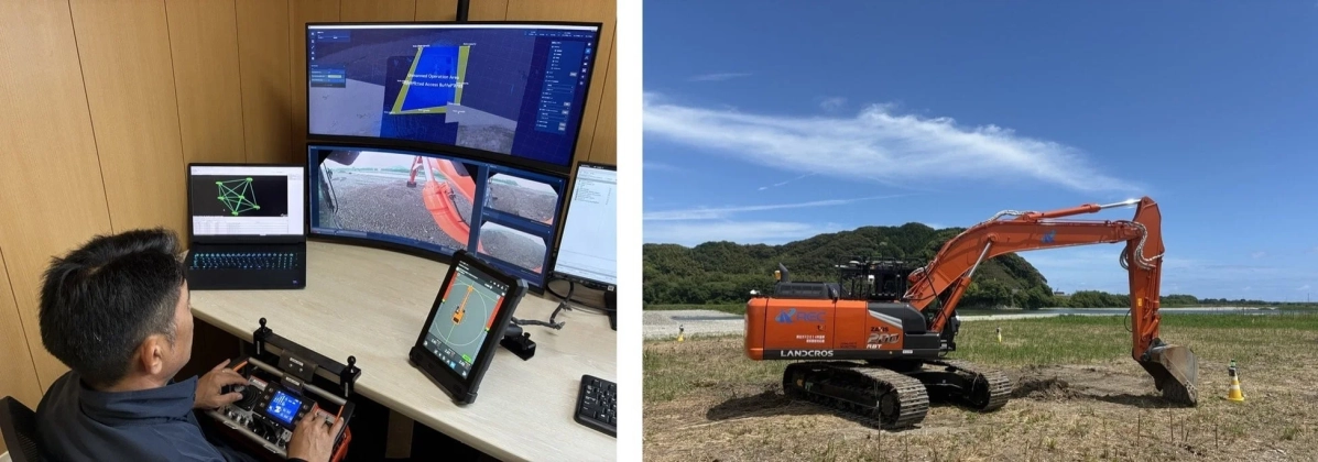 オペレーターが遠隔で無人建設機械を操作している様子