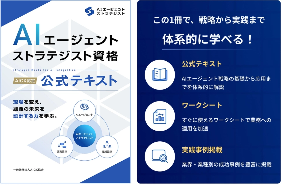 AIエージェント ストラテジスト AIエージェント ストラテジスト資格 Strategic Minds for AI Integration AICX認定 公式テキスト 現場を変え、組織の未来を設計する力を学ぶ。AIエージェント ストラテジスト AIエージェント 業務設計 組織設計 一般社団法人AICX協会 この1冊で、戦略から実践まで体系的に学べる! 公式テキスト AIエージェント戦略の基礎から応用までを体系的に解説 ワークシート すぐに使えるワークシートで業務への適用を加速 実践事例掲載 業界・業種別の成功事例を豊富に掲載