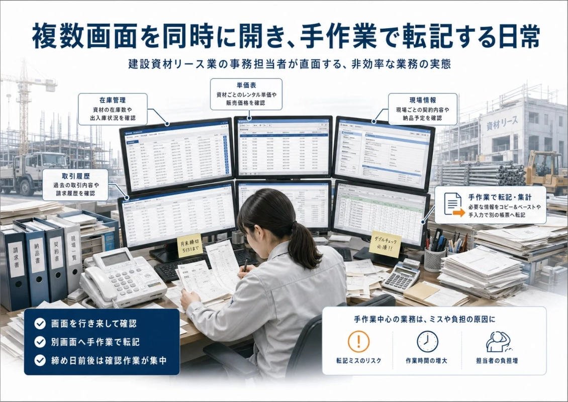 複数の画面を同時に開き、手作業で転記する日常
