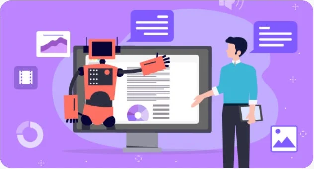 AIロボットと人間がモニターに表示されたデータやコンテンツについて共同で作業している様子を描いたイラスト