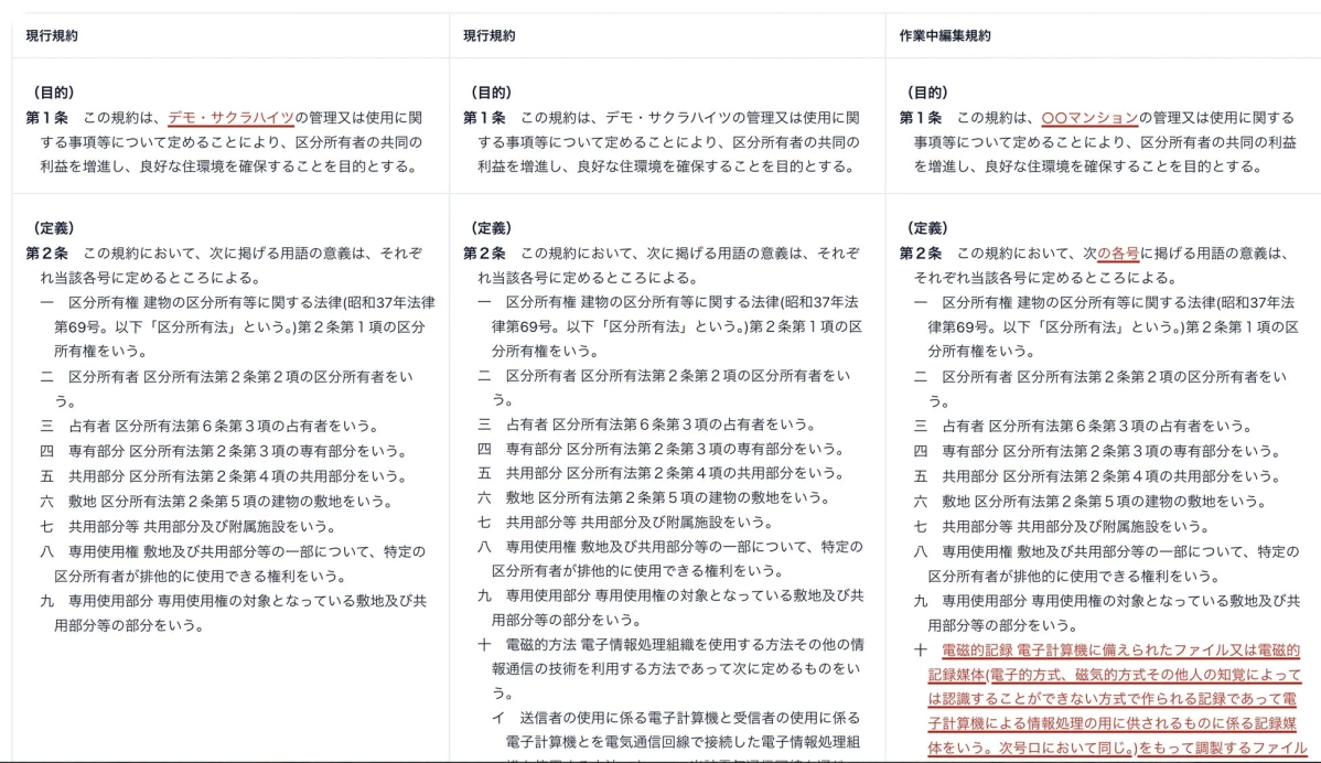 現行規約と作業中編集規約の比較表示