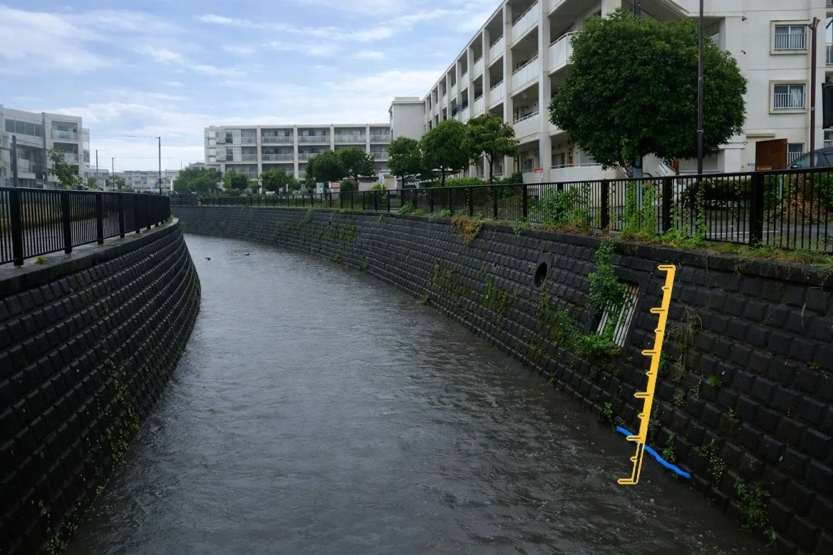 住宅街を流れる川の風景と水位計