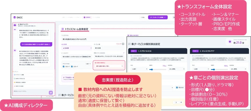 AI演出ディレクターによるeラーニングコンテンツの設定画面