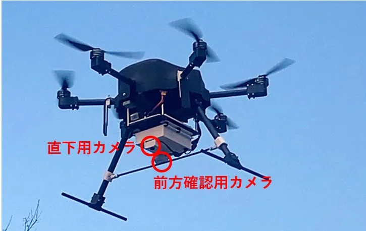 青空を背景に飛行する黒いマルチコプター型ドローン。直下用カメラと前方確認用カメラの注釈あり