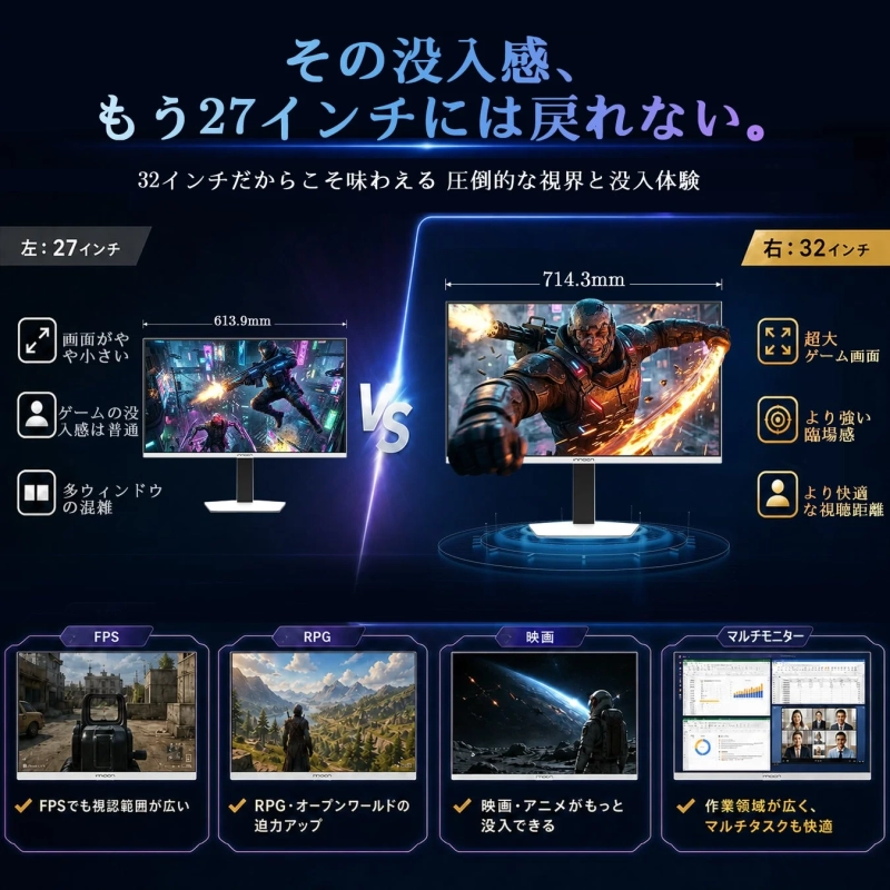 32インチの迫力。デスク上で味わう、大画面ゲーミング体験