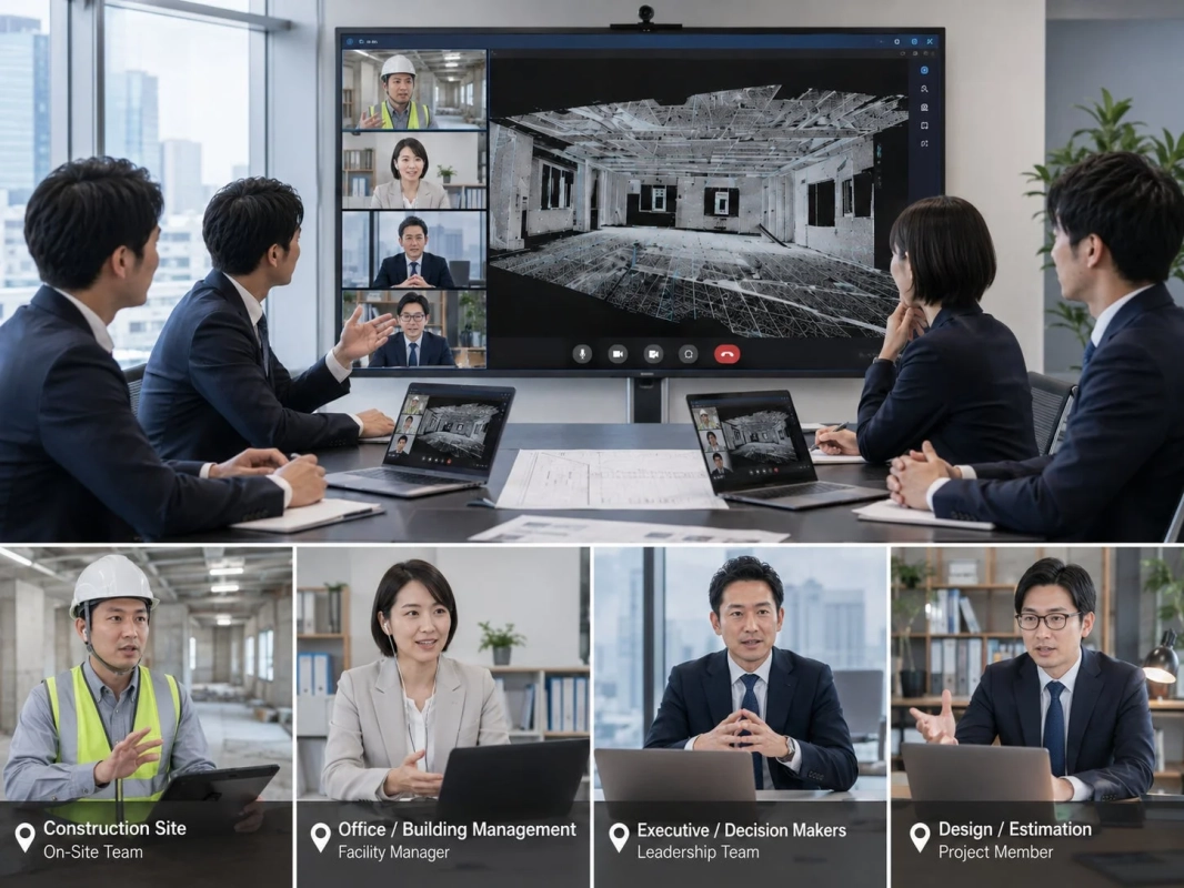 オフィスで複数のメンバーが大型スクリーンを囲みオンライン会議中。建設現場の担当者、オフィス管理者、経営層、設計担当者がリモートで参加し、3Dモデルを共有しプロジェクトを議論している。
