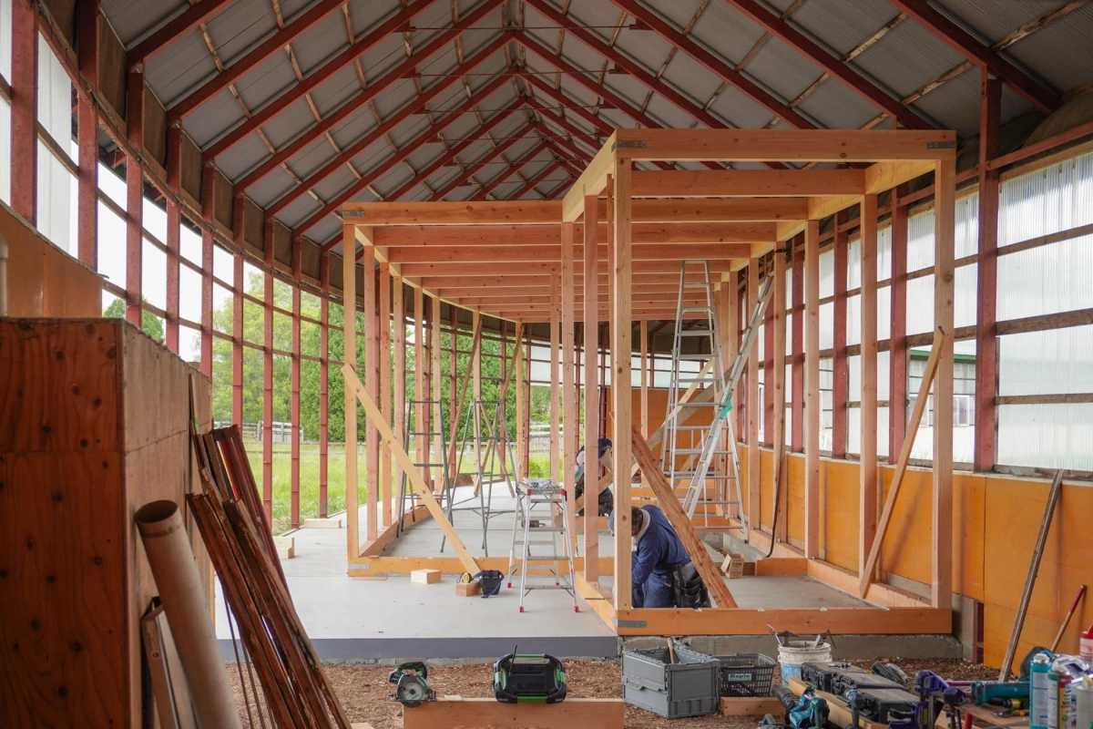 既存建物内部の木材骨組みと作業員