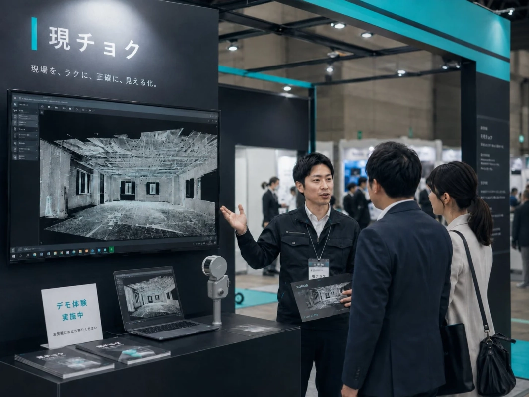 展示会ブースで、男性がLiDAR技術「現チョク」の3Dスキャンシステムを来場者に説明しています。モニターには建物の内部データが表示され、デモ体験も実施中です。