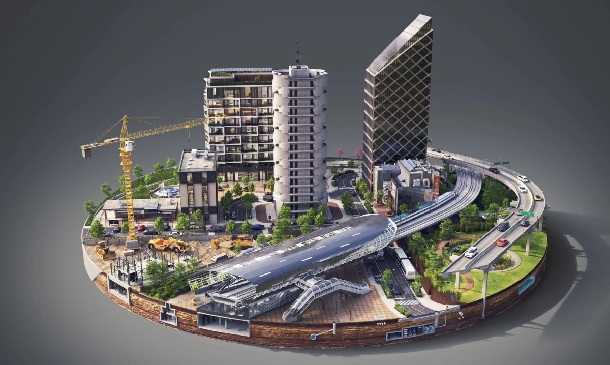 都市模型と建設現場